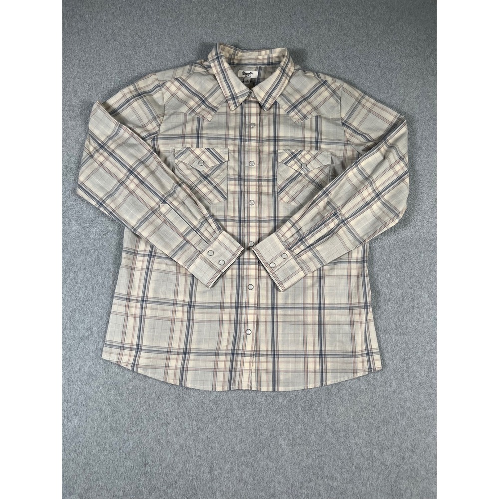 Wrangler Retro Womens Western Snap Shirt Plaid Pearl Snap L 112360738 Cream Blue